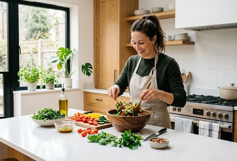 Здравословна закуска с плодове, ядки и пресни зеленчуци